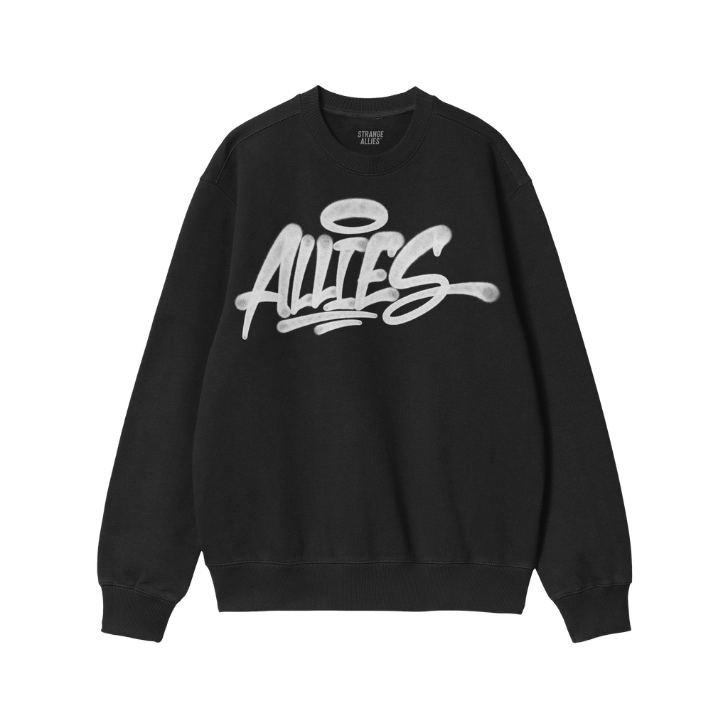 Allies Handstyle Hoodie & Sweatshirt features a graffiti-style ALLIES logo with a halo, symbolizing solidarity and activism, 