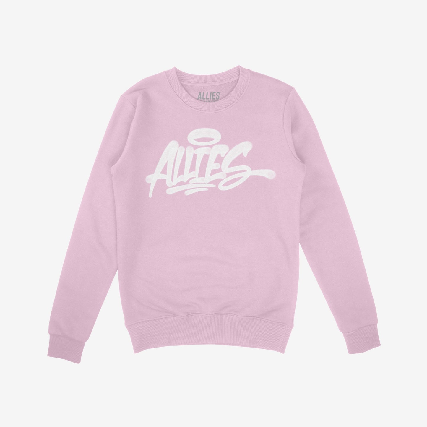 Allies Handstyle Hoodie & Sweatshirt featuring a graffiti-style ALLIES logo with a halo, symbolizing allyship. The soft pink crewneck design speaks to support and equality, embodying bold streetwear attitude.