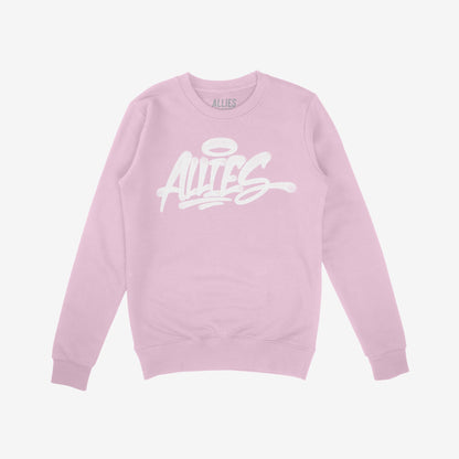 Allies Handstyle Hoodie & Sweatshirt featuring a graffiti-style ALLIES logo with a halo, symbolizing allyship. The soft pink crewneck design speaks to support and equality, embodying bold streetwear attitude.