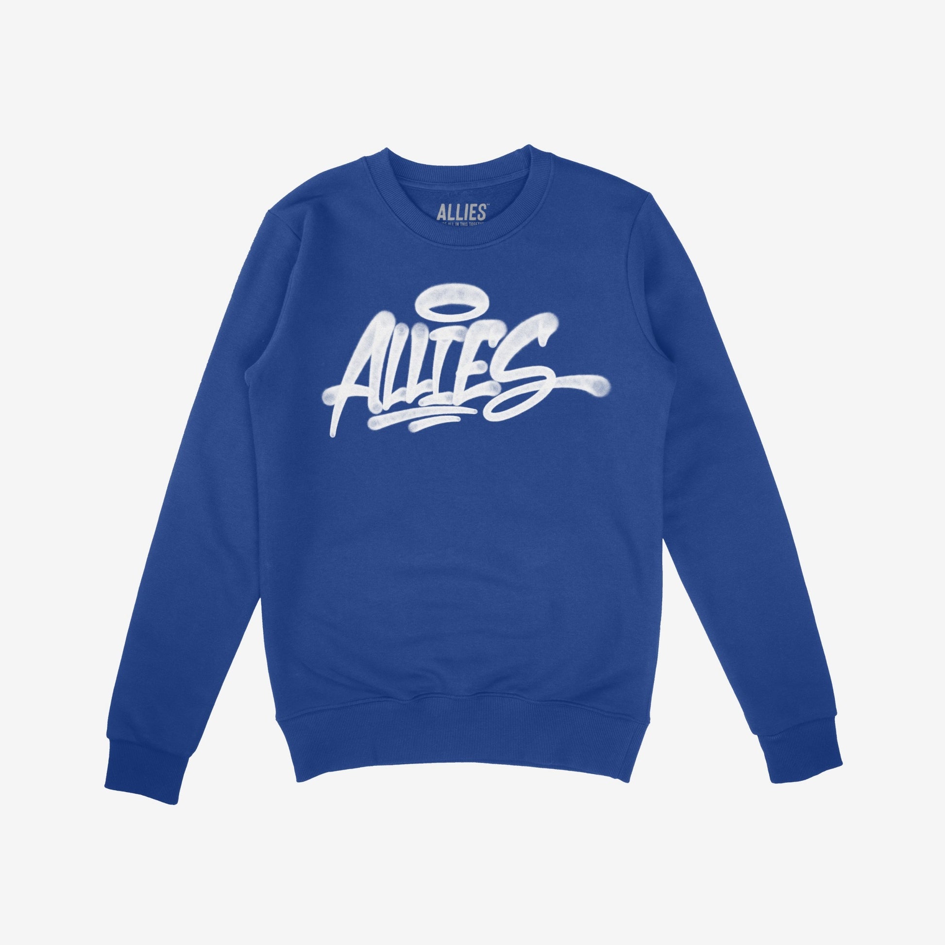 Allies Handstyle Hoodie & Sweatshirt: Blue crew-neck sweatshirt featuring ALLIES in bold, white graffiti-style lettering with a halo above, embodying a powerful statement of support and solidarity.