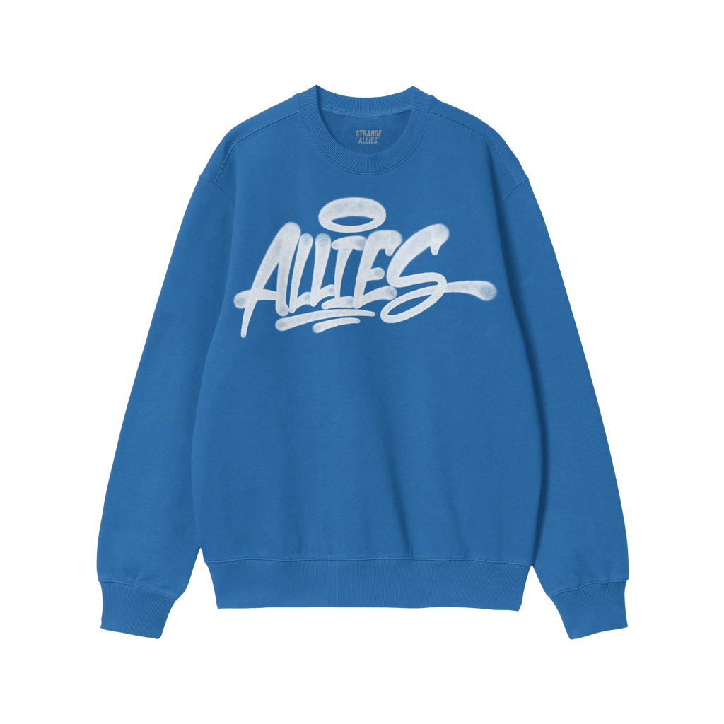 Allies Handstyle Hoodie & Sweatshirt: Blue crew-neck sweatshirt featuring ALLIES in bold, white graffiti-style lettering with
