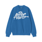 Allies Handstyle Hoodie & Sweatshirt: Blue crew-neck sweatshirt featuring ALLIES in bold, white graffiti-style lettering with