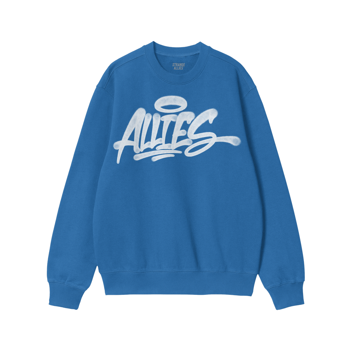 Allies Handstyle Hoodie & Sweatshirt: Blue crew-neck sweatshirt featuring ALLIES in bold, white graffiti-style lettering with