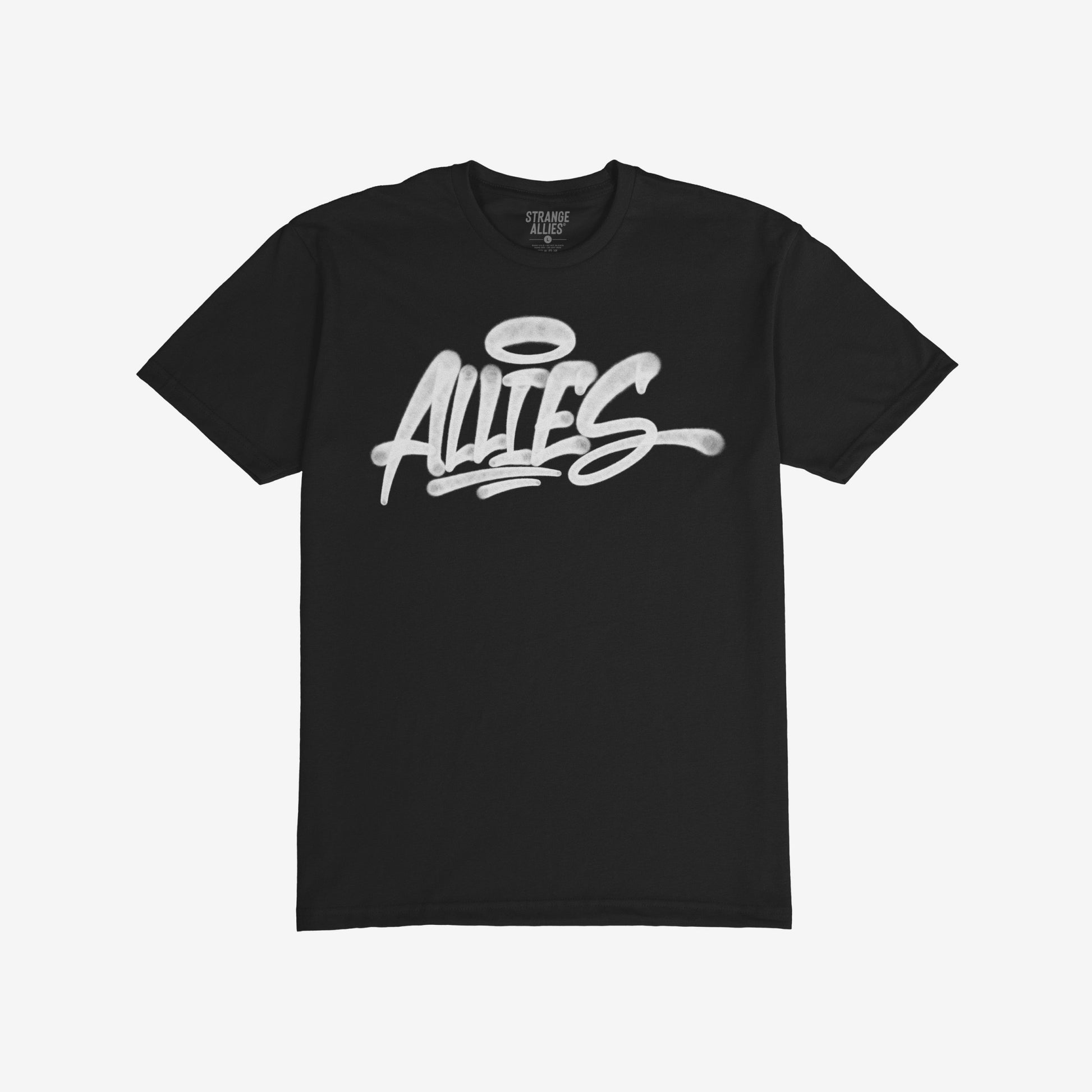 Allies Handstyle T-shirt featuring a bold, graffiti-inspired ALLIES logo and halo graphic, reflecting themes of solidarity and allyship. Brand name “STRANGE ALLIES” visible inside the collar.