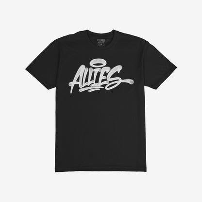 Allies Handstyle T-shirt featuring a bold, graffiti-inspired ALLIES logo and halo graphic, reflecting themes of solidarity and allyship. Brand name “STRANGE ALLIES” visible inside the collar.
