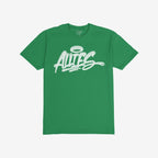 Green Allies Handstyle T-shirt featuring a white “ALLIES” graffiti logo with a halo graphic. Inside the collar, a “STRANGE ALLIES” label reflects themes of solidarity and allyship.