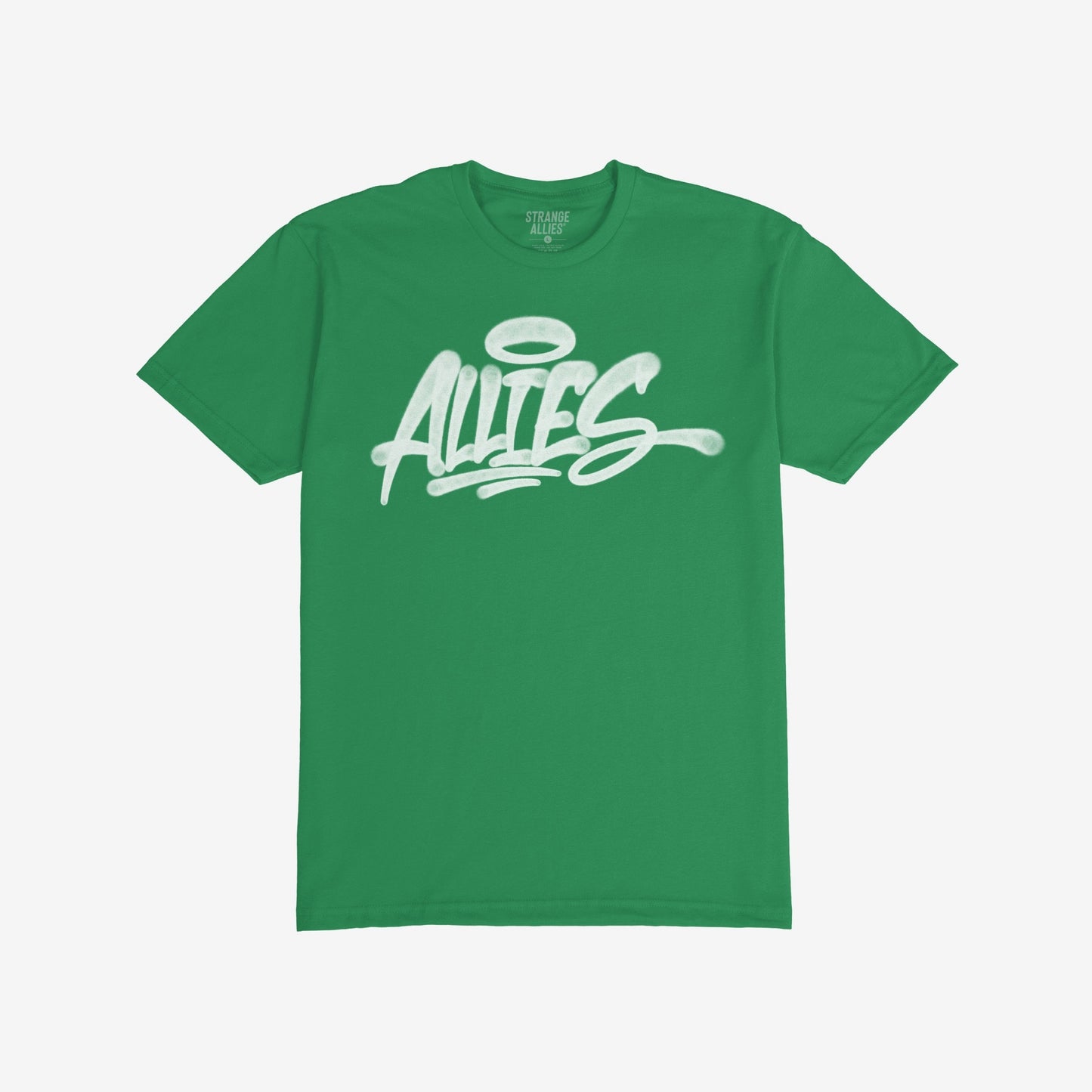 Green Allies Handstyle T-shirt featuring a white “ALLIES” graffiti logo with a halo graphic. Inside the collar, a “STRANGE ALLIES” label reflects themes of solidarity and allyship.