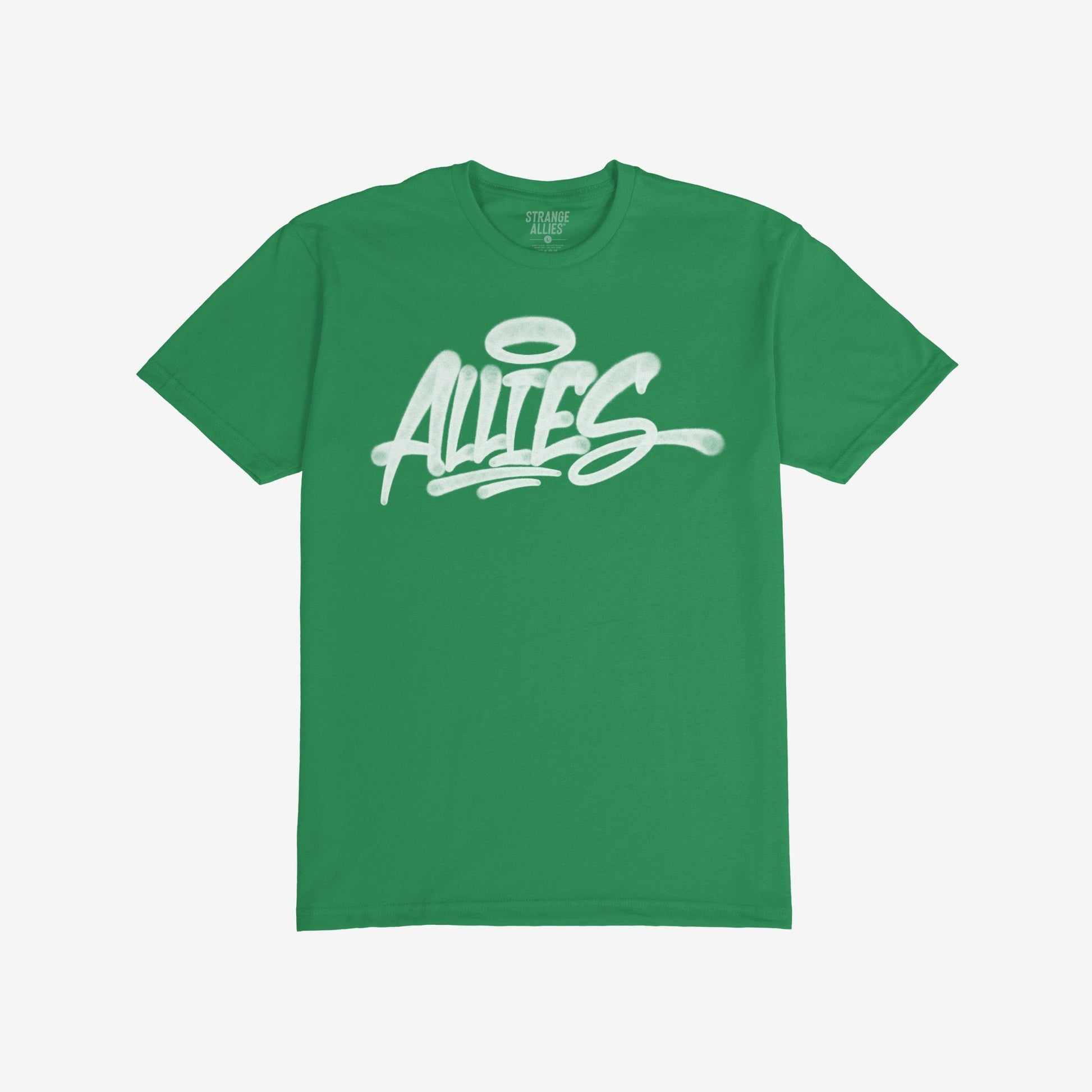 Green Allies Handstyle T-shirt featuring a white “ALLIES” graffiti logo with a halo graphic. Inside the collar, a “STRANGE ALLIES” label reflects themes of solidarity and allyship.
