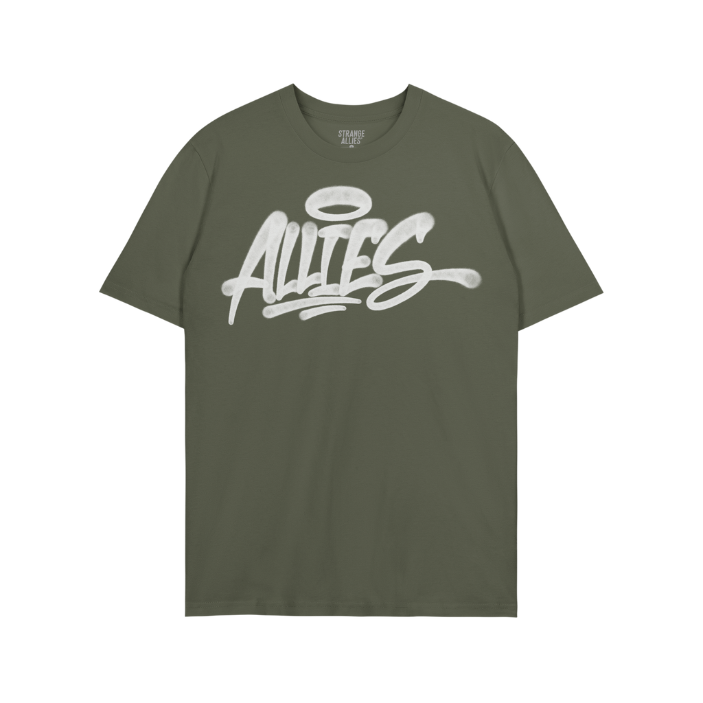 Green Allies Handstyle T-shirt featuring a white “ALLIES” graffiti logo with a halo graphic. Inside the collar, a “STRA