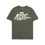 Green Allies Handstyle T-shirt featuring a white “ALLIES” graffiti logo with a halo graphic. Inside the collar, a “STRA