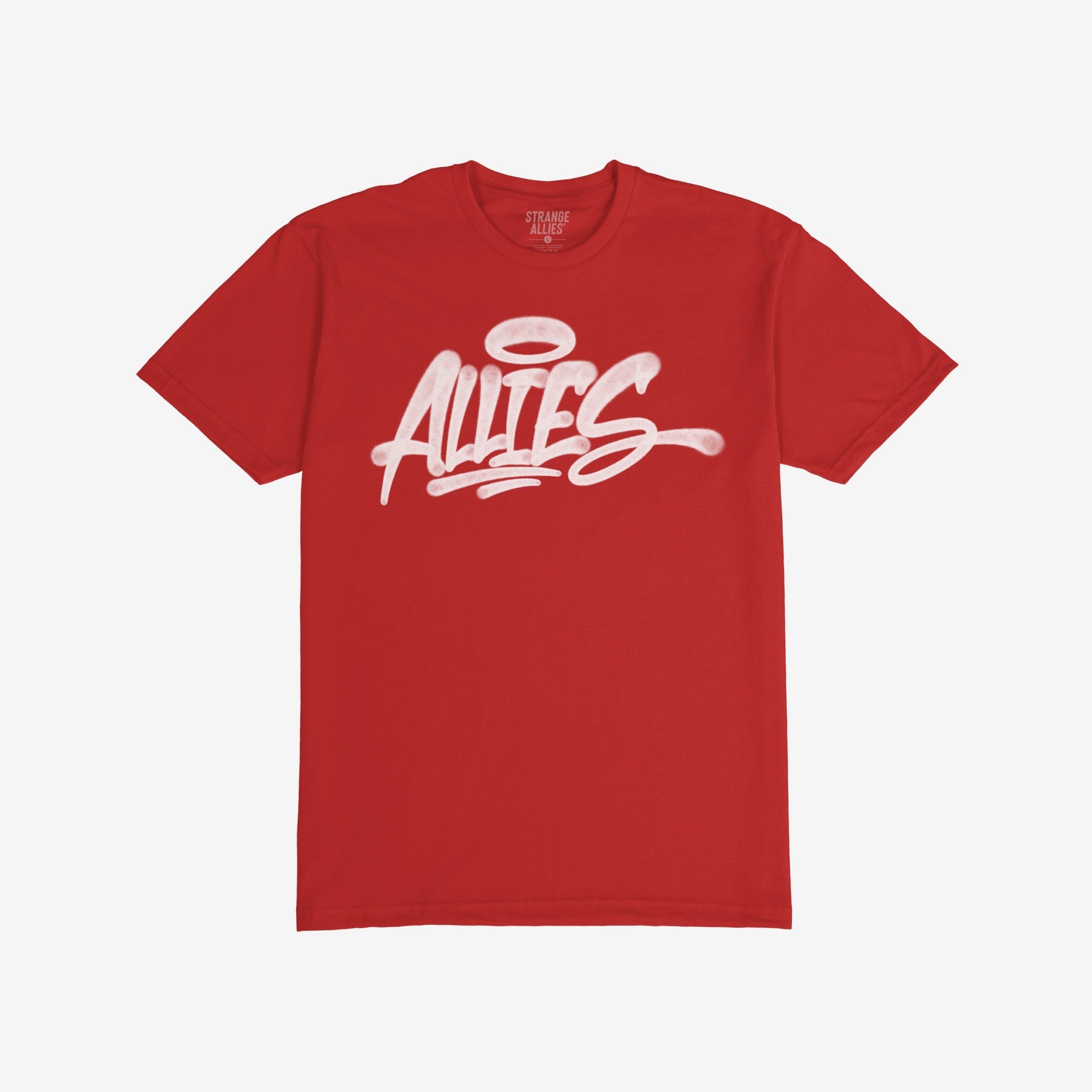 Allies Handstyle T-shirt featuring bold graffiti-style lettering ALLIES with a halo, symbolizes unity and support. This short-sleeve crew-neck design captures street art's raw, expressive energy.