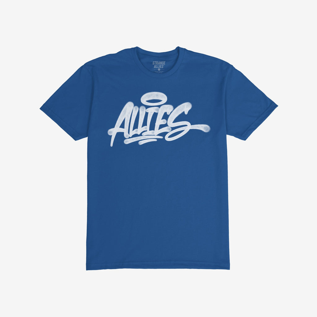 Allies Handstyle T-shirt features a graffiti-style ALLIES script with a halo on a short-sleeve, royal blue shirt, embodying unity and solidarity.