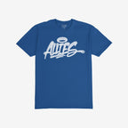 Allies Handstyle T-shirt features a graffiti-style ALLIES script with a halo on a short-sleeve, royal blue shirt, embodying unity and solidarity.