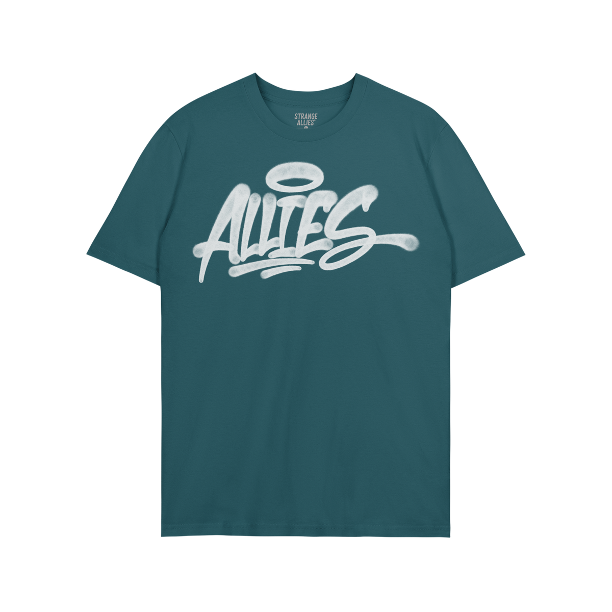 Allies Handstyle T-shirt features a graffiti-style ALLIES script with a halo on a short-sleeve, royal blue shirt, embodying u