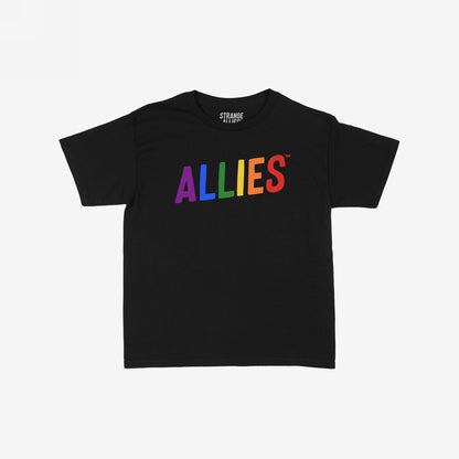 Allies Rainbow Women's Baby Tee featuring ALLIES in rainbow block letters on a black short-sleeve design, embodying unity and allyship.