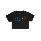 Allies Rainbow Women's Baby Tee featuring ALLIES in rainbow block letters on a black short-sleeve design, embodying unity and
