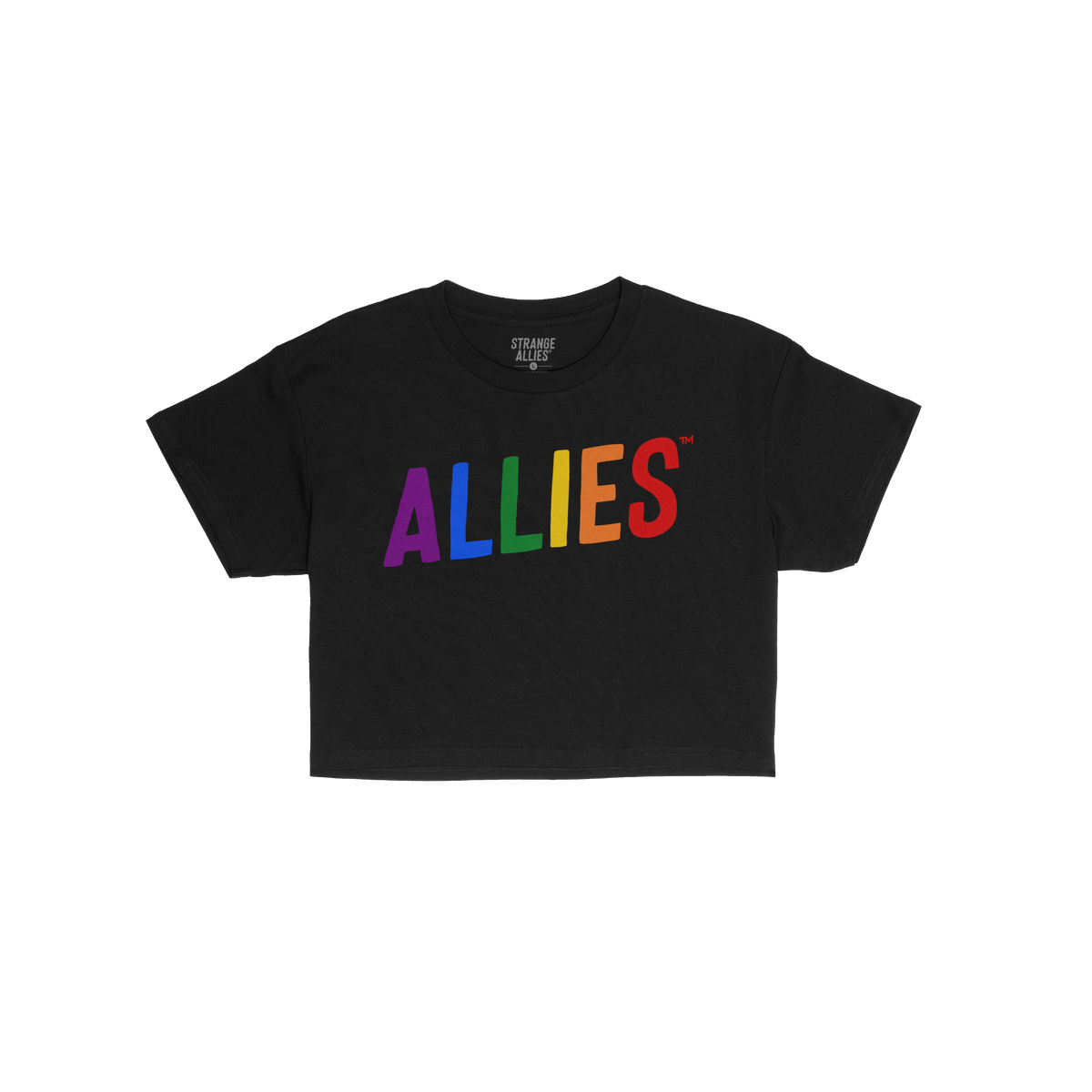 Allies Rainbow Women's Baby Tee featuring ALLIES in rainbow block letters on a black short-sleeve design, embodying unity and