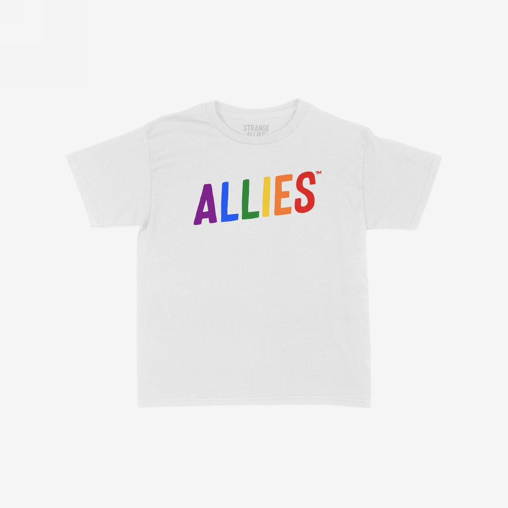 The Allies Rainbow Women's Baby Tee features ALLIES in rainbow colors, promoting LGBTQ+ allyship. This cropped tee combines Y2K style with a modern cut, embodying unity and bold expression.
