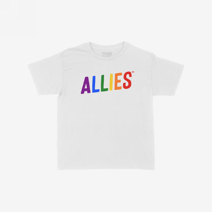The Allies Rainbow Women's Baby Tee features ALLIES in rainbow colors, promoting LGBTQ+ allyship. This cropped tee combines Y2K style with a modern cut, embodying unity and bold expression.