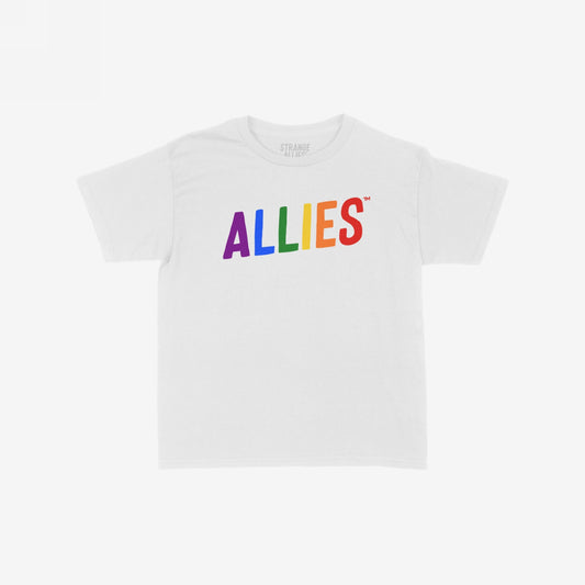The Allies Rainbow Women's Baby Tee features ALLIES in rainbow colors, promoting LGBTQ+ allyship. This cropped tee combines Y2K style with a modern cut, embodying unity and bold expression.