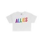 The Allies Rainbow Women's Baby Tee features ALLIES in rainbow colors, promoting LGBTQ+ allyship. This cropped tee combines Y