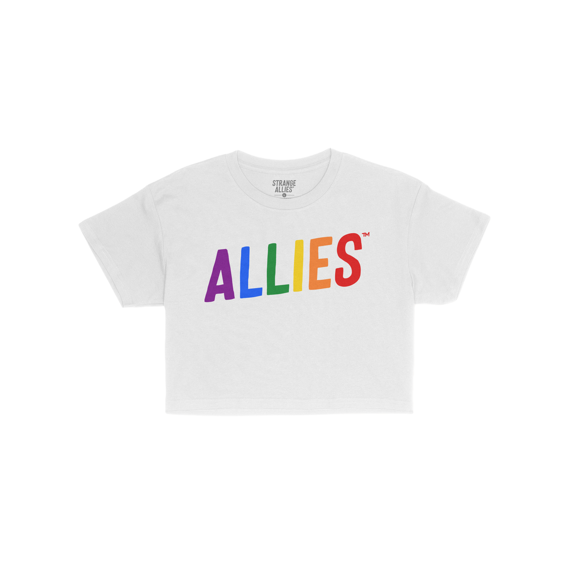 The Allies Rainbow Women's Baby Tee features ALLIES in rainbow colors, promoting LGBTQ+ allyship. This cropped tee combines Y
