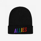 Black knit beanie with ALLIES embroidered in rainbow colors on the cuff, showcasing support for LGBTQ+ rights, ideal for expressing solidarity and promoting equality.