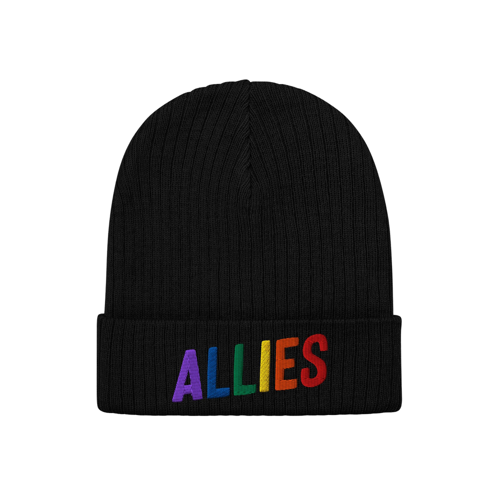 Black knit beanie with ALLIES embroidered in rainbow colors on the cuff, showcasing support for LGBTQ+ rights, ideal for expr
