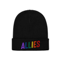 Black knit beanie with ALLIES embroidered in rainbow colors on the cuff, showcasing support for LGBTQ+ rights, ideal for expr