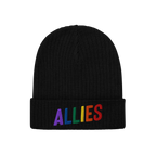 Black knit beanie with ALLIES embroidered in rainbow colors on the cuff, showcasing support for LGBTQ+ rights, ideal for expr