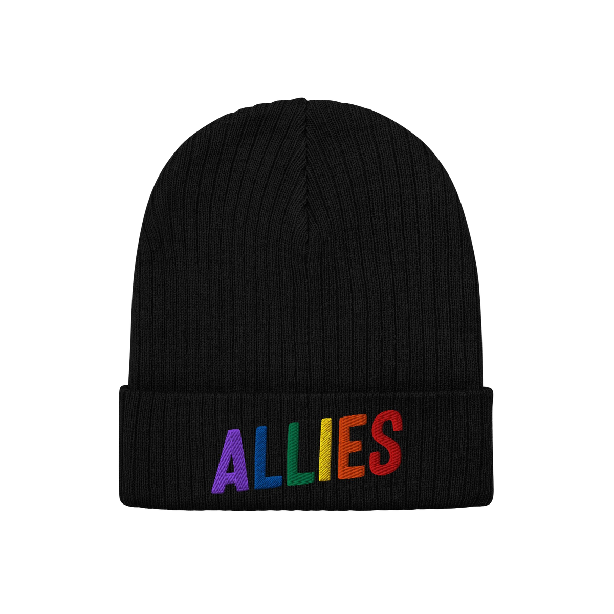 Black knit beanie with ALLIES embroidered in rainbow colors on the cuff, showcasing support for LGBTQ+ rights, ideal for expr