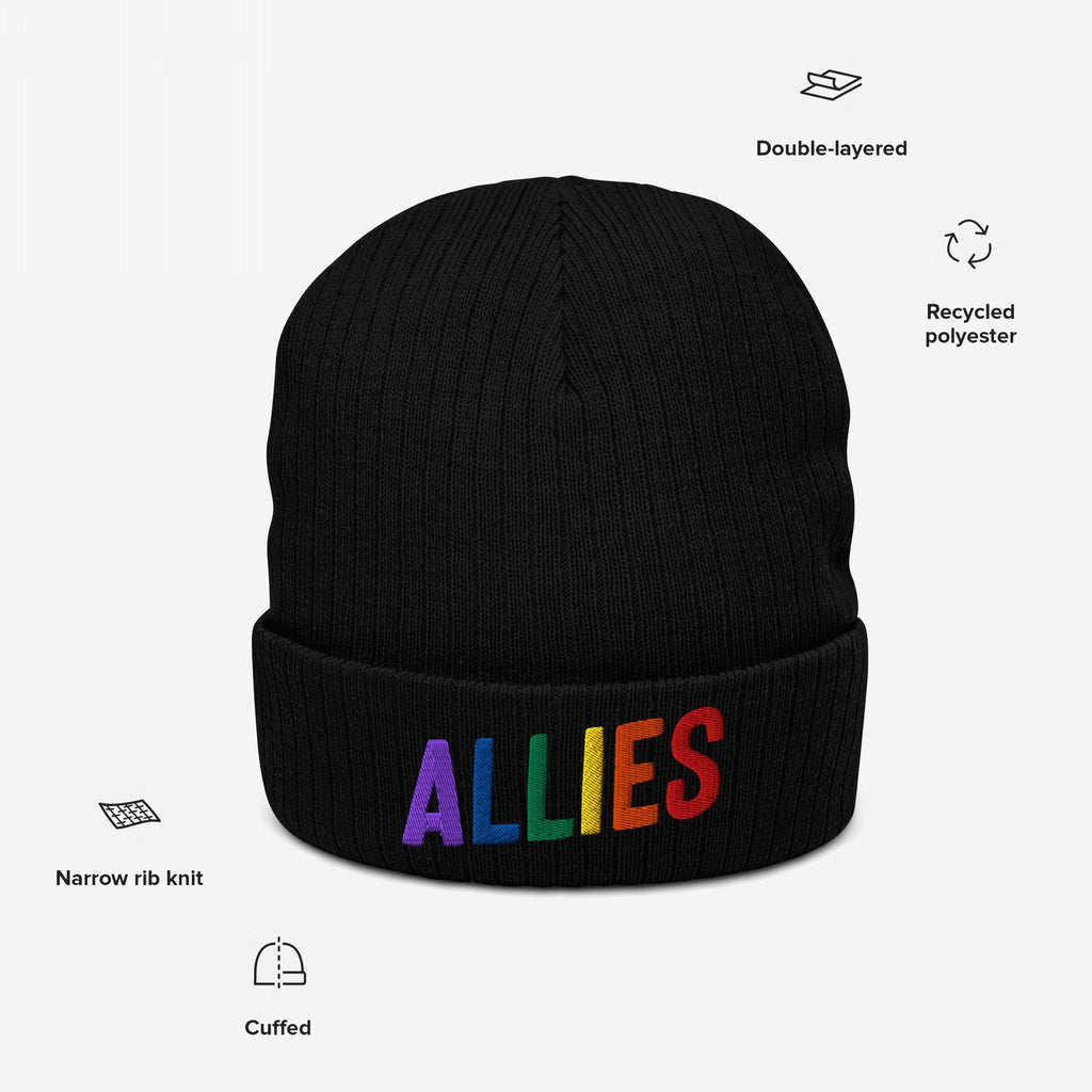 Allies Rainbow Hat: A black, cuffed knit beanie with ALLIES embroidered in rainbow colors on the front, featuring narrow-rib knit, double-layer warmth, and recycled polyester, symbolizing LGBTQ+ support.