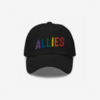Black baseball-style cap featuring ALLIES in rainbow embroidery, symbolizing LGBTQ+ support. The Allies Rainbow Hat is ideal for expressing solidarity and advocating for equality through vibrant, visible pride.