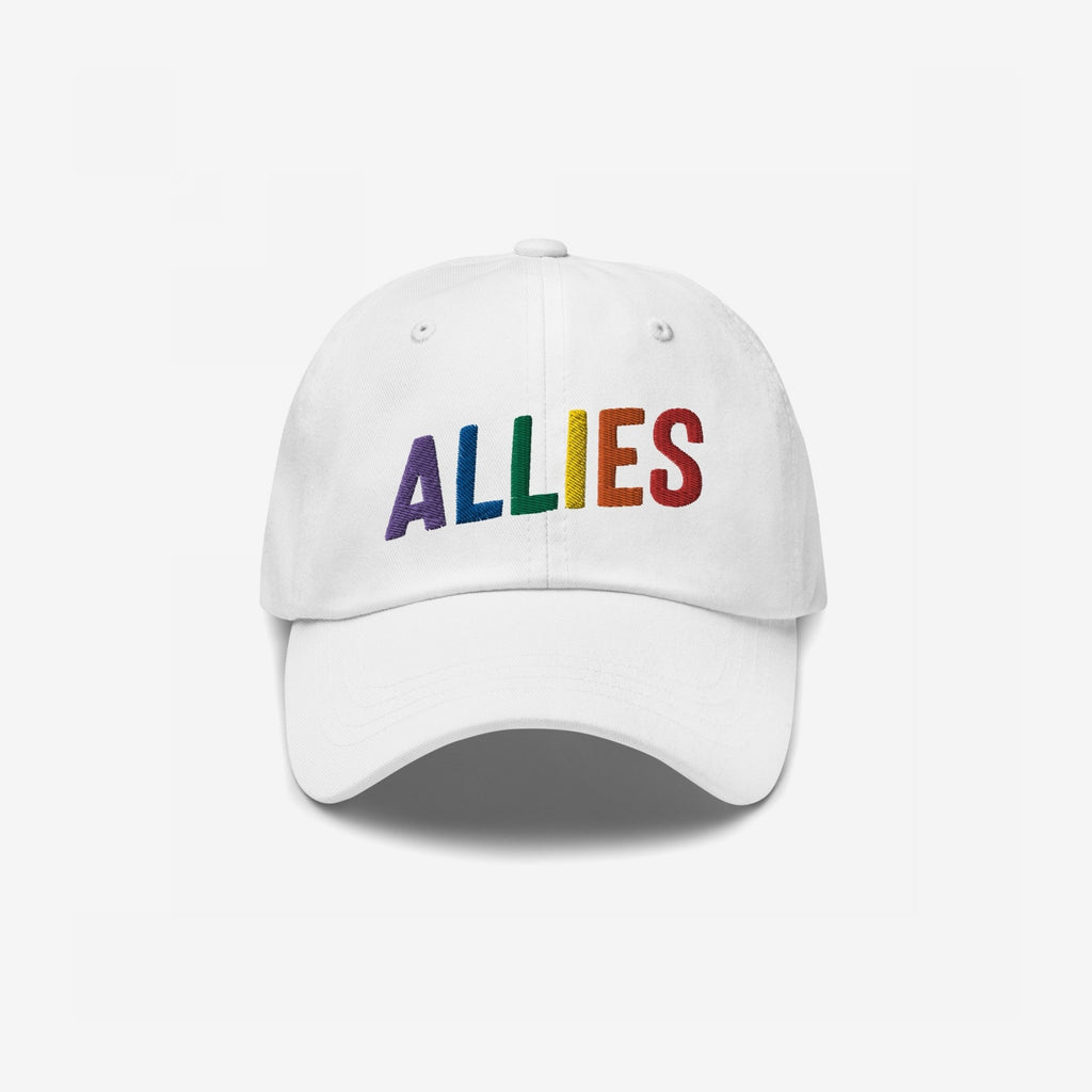 White baseball-style cap featuring “ALLIES” in rainbow embroidery, symbolizing support for LGBTQ+ rights. The Allies Rainbow Hat reflects a bold statement of equality and solidarity, perfect for everyday wear.