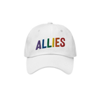 White baseball-style cap featuring “ALLIES” in rainbow embroidery, symbolizing support for LGBTQ+ rights. The Allies Rain