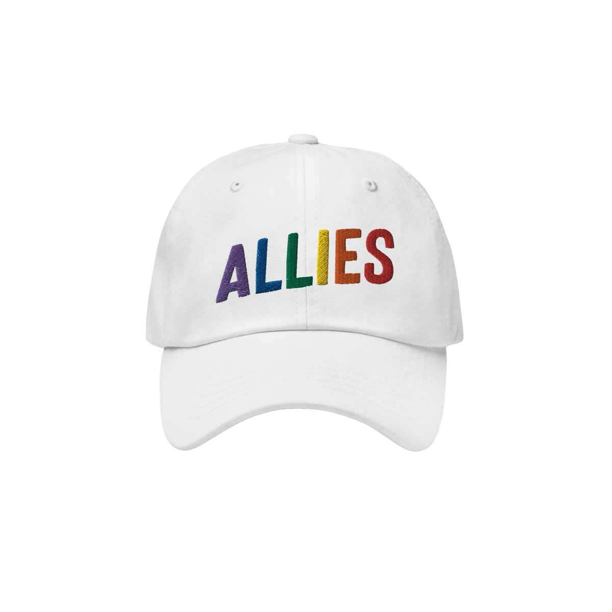 White baseball-style cap featuring “ALLIES” in rainbow embroidery, symbolizing support for LGBTQ+ rights. The Allies Rain
