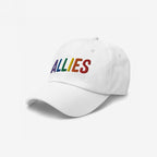 Allies Rainbow Hat featuring the word ALLIES in rainbow embroidery on a white baseball cap, symbolizing staunch support for LGBTQ+ rights and equality. Ideal for expressing solidarity with pride.