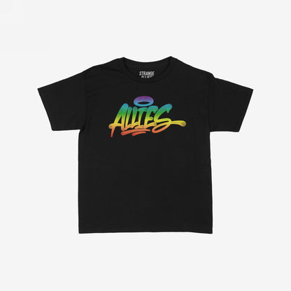 Allies Rainbow Handstyle Women's Baby Tee features a bold rainbow graffiti-style ALLIES graphic with a halo, embodying unity and pride. This black crew-neck tee offers a cropped, expressive streetwear look.