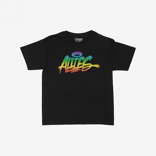 Allies Rainbow Handstyle Women's Baby Tee features a bold rainbow graffiti-style ALLIES graphic with a halo, embodying unity and pride. This black crew-neck tee offers a cropped, expressive streetwear look.