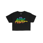Allies Rainbow Handstyle Women's Baby Tee features a bold rainbow graffiti-style ALLIES graphic with a halo, embodying unity 