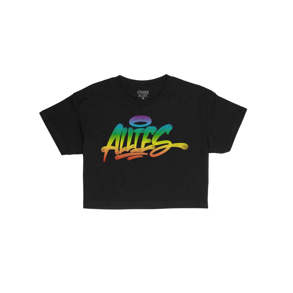 Allies Rainbow Handstyle Women's Baby Tee features a bold rainbow graffiti-style ALLIES graphic with a halo, embodying unity 