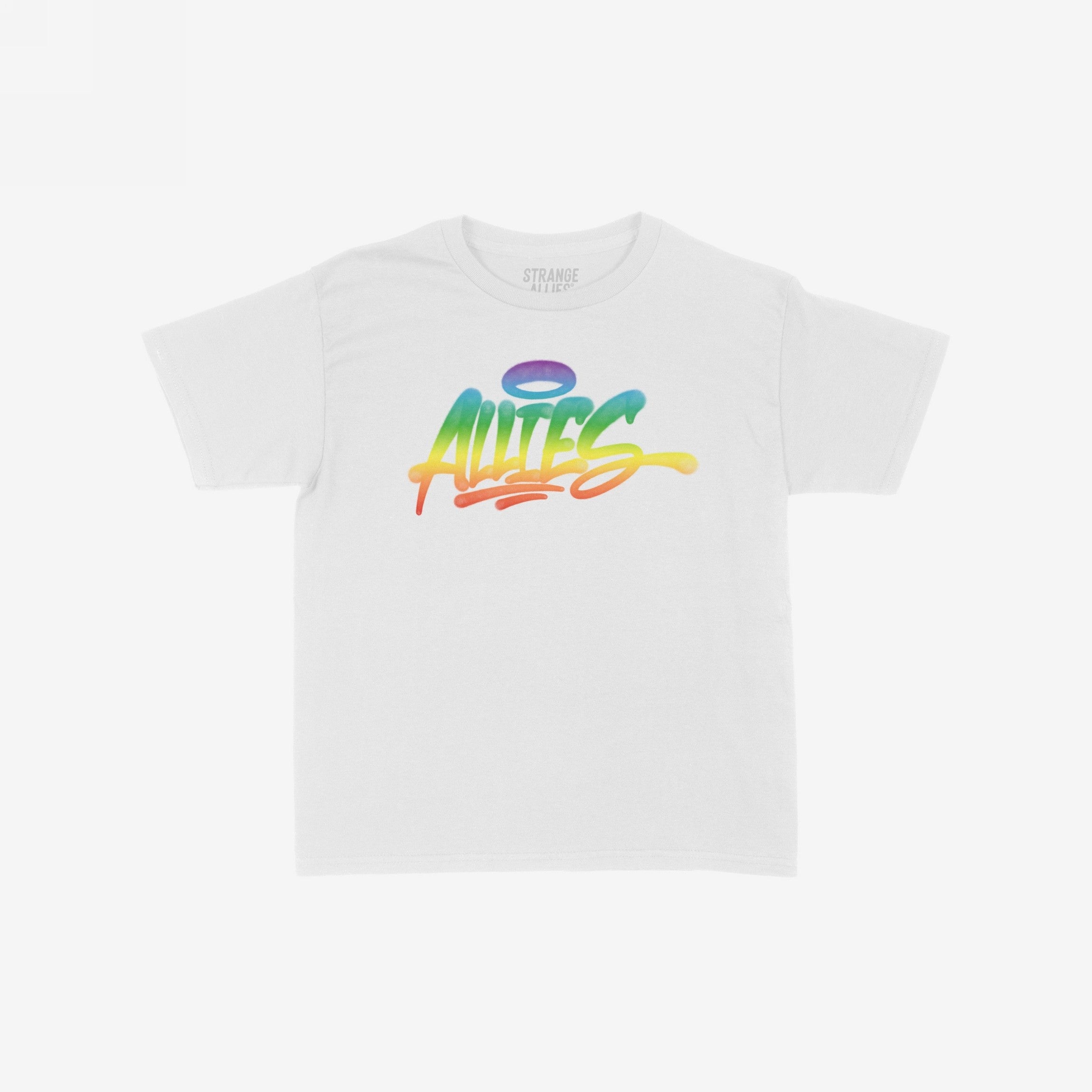 The Allies Rainbow Handstyle Women's Baby Tee features a bold, graffiti-style “ALLIES” with a halo, embodying pride and solidarity, perfect for expressing support for the LGBTQ+ community.