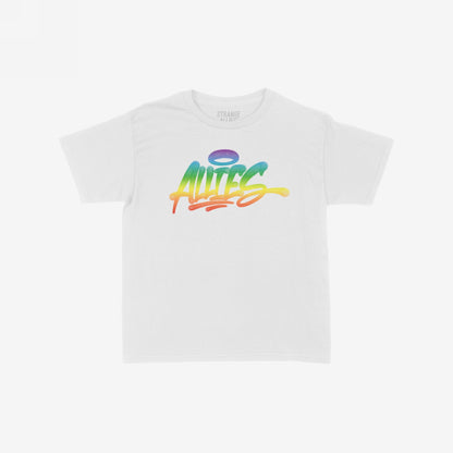 The Allies Rainbow Handstyle Women's Baby Tee features a bold, graffiti-style “ALLIES” with a halo, embodying pride and solidarity, perfect for expressing support for the LGBTQ+ community.
