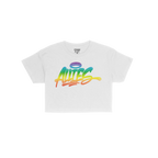 The Allies Rainbow Handstyle Women's Baby Tee features a bold, graffiti-style “ALLIES” with a halo, embodying pride and s
