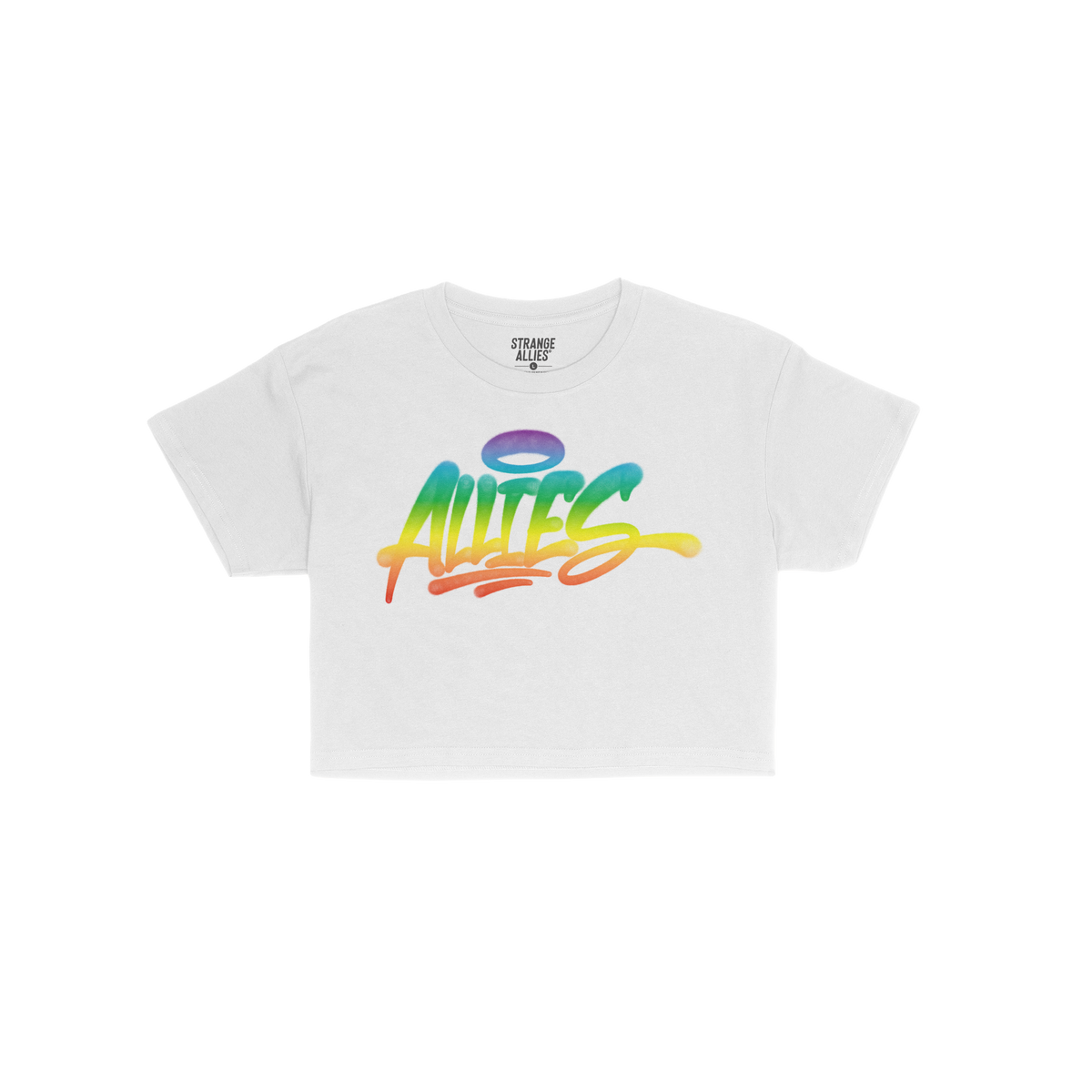 The Allies Rainbow Handstyle Women's Baby Tee features a bold, graffiti-style “ALLIES” with a halo, embodying pride and s