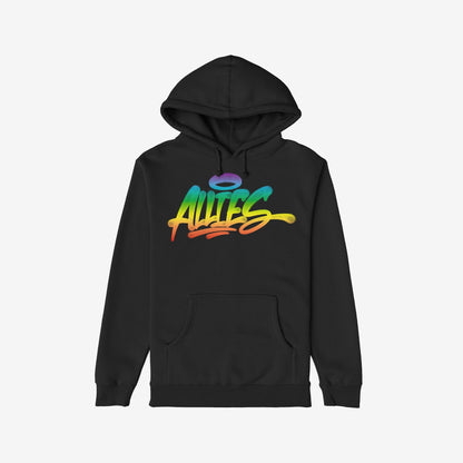 Allies Rainbow Handstyle Hoodie & Sweatshirt features a black pullover with a kangaroo pocket, showcasing ALLIES in graffiti-style rainbow print with a halo, symbolizing bold support and solidarity.