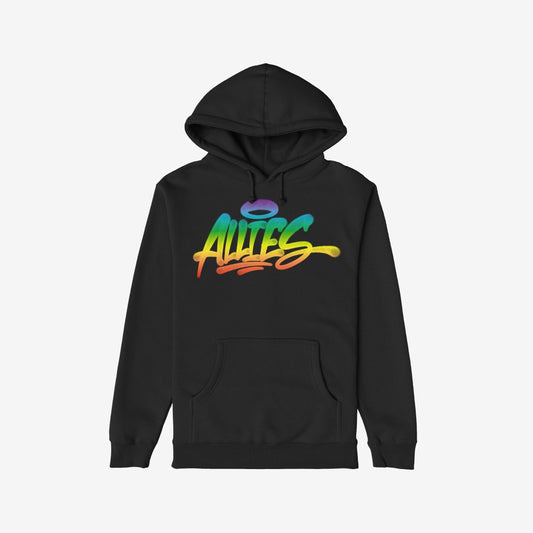 Allies Rainbow Handstyle Hoodie & Sweatshirt features a black pullover with a kangaroo pocket, showcasing ALLIES in graffiti-style rainbow print with a halo, symbolizing bold support and solidarity.