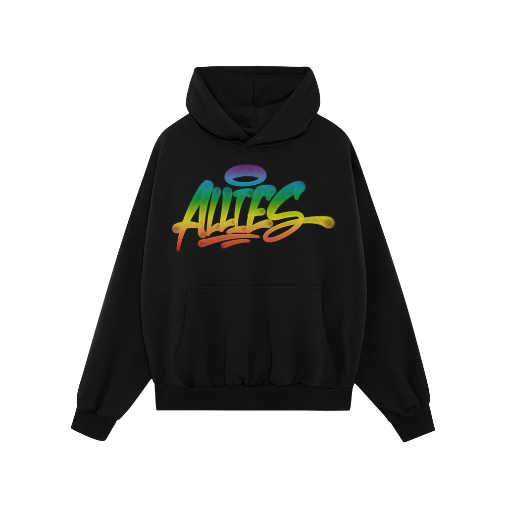 Allies Rainbow Handstyle Hoodie & Sweatshirt features a black pullover with a kangaroo pocket, showcasing ALLIES in graffiti-
