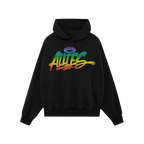 Allies Rainbow Handstyle Hoodie & Sweatshirt features a black pullover with a kangaroo pocket, showcasing ALLIES in graffiti-