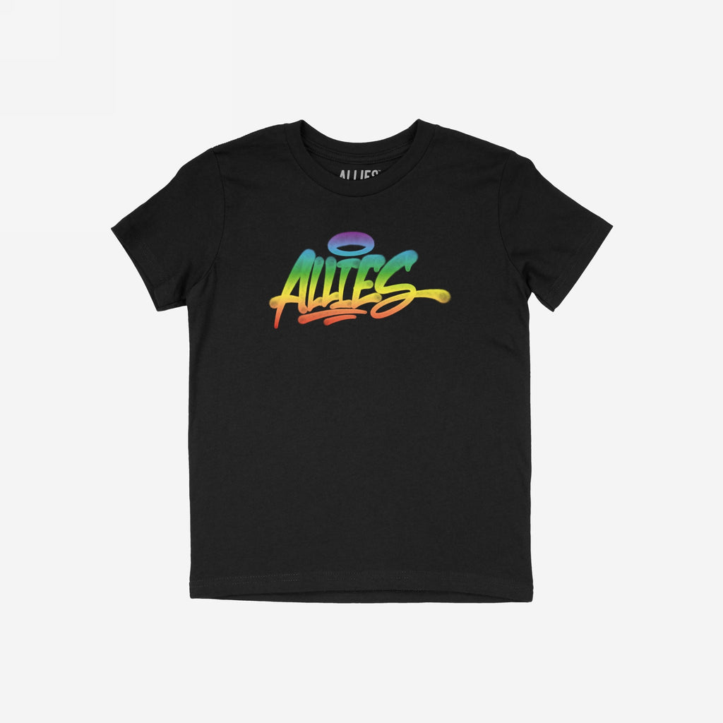 Black T-shirt featuring ALLIES in bold graffiti-style script with a rainbow gradient. A halo adorns the I, symbolizing LGBTQ+ solidarity and inclusion.